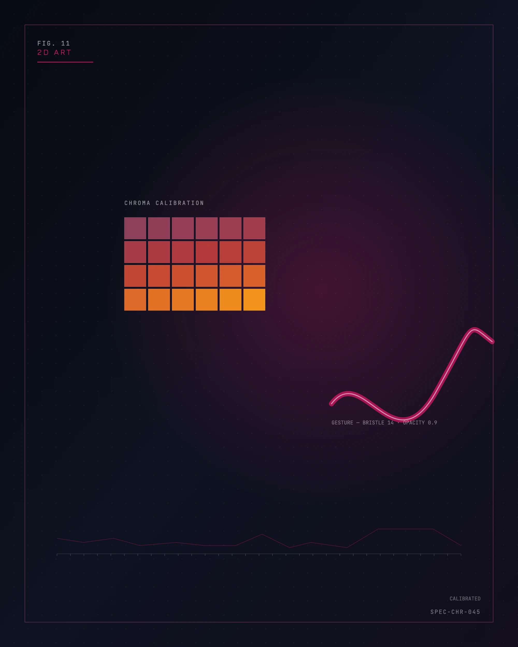 Instrument diagram of a chroma calibration swatch grid with a gesture brush stroke, for SmartTech's 2D art practice