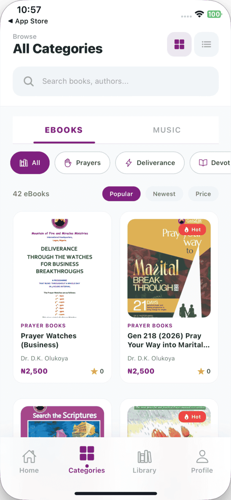MFM eBooks store screen